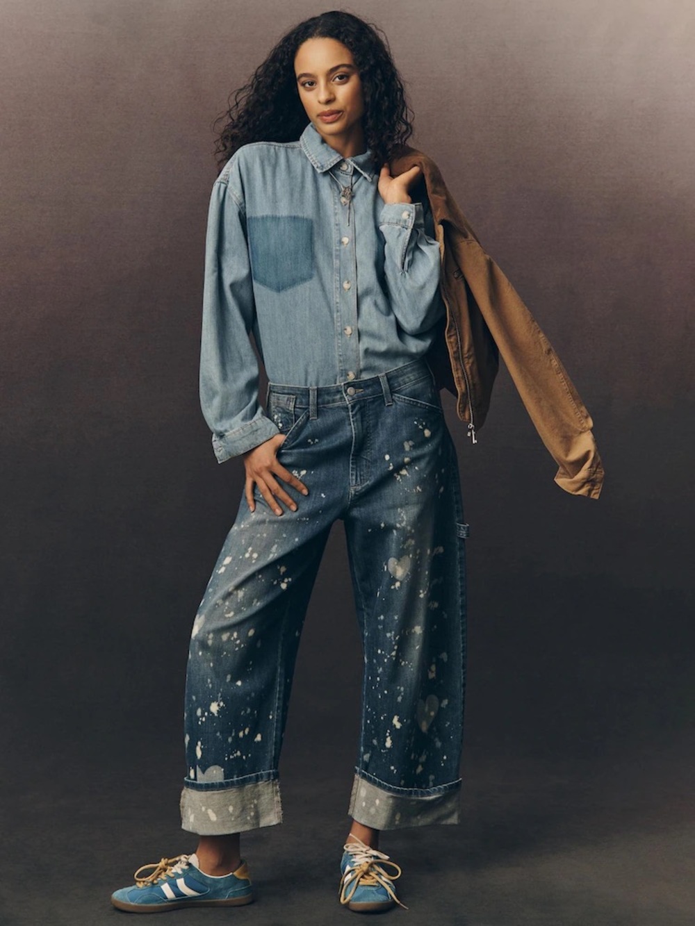Pilcro Dark Blue Wide-Leg Jeans with White Paint Splatter - Picture 3 of 9